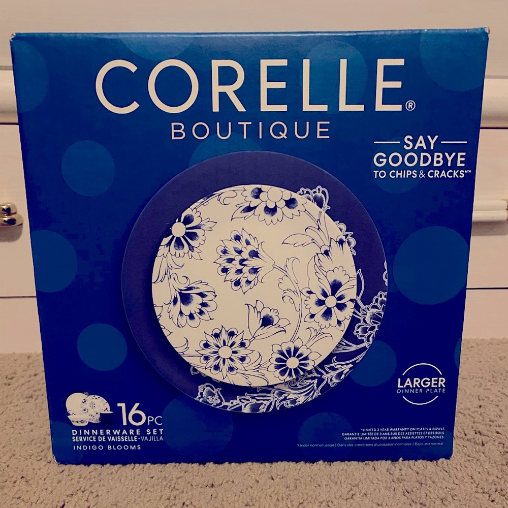 Brand new in box 16 piece Corelle dinnerware set in Indigo Bloom pattern.